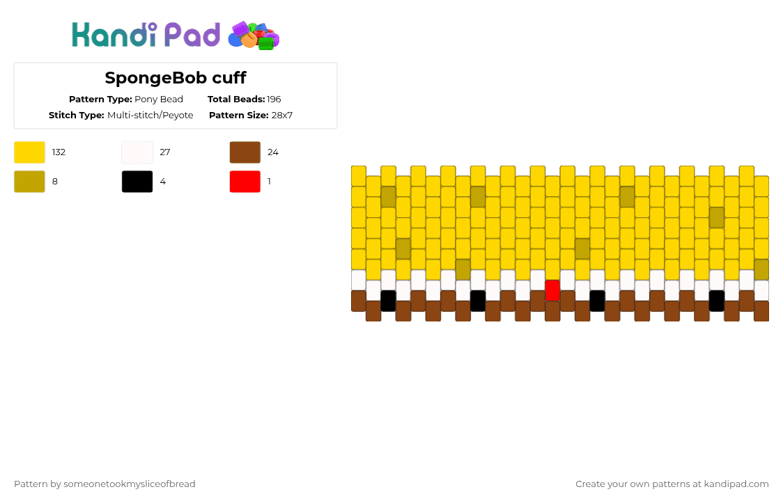 SpongeBob cuff - Pony Bead Pattern by someonetookmysliceofbread on Kandi Pad - yellow,spongebob,cuff,spongebobsquarepants