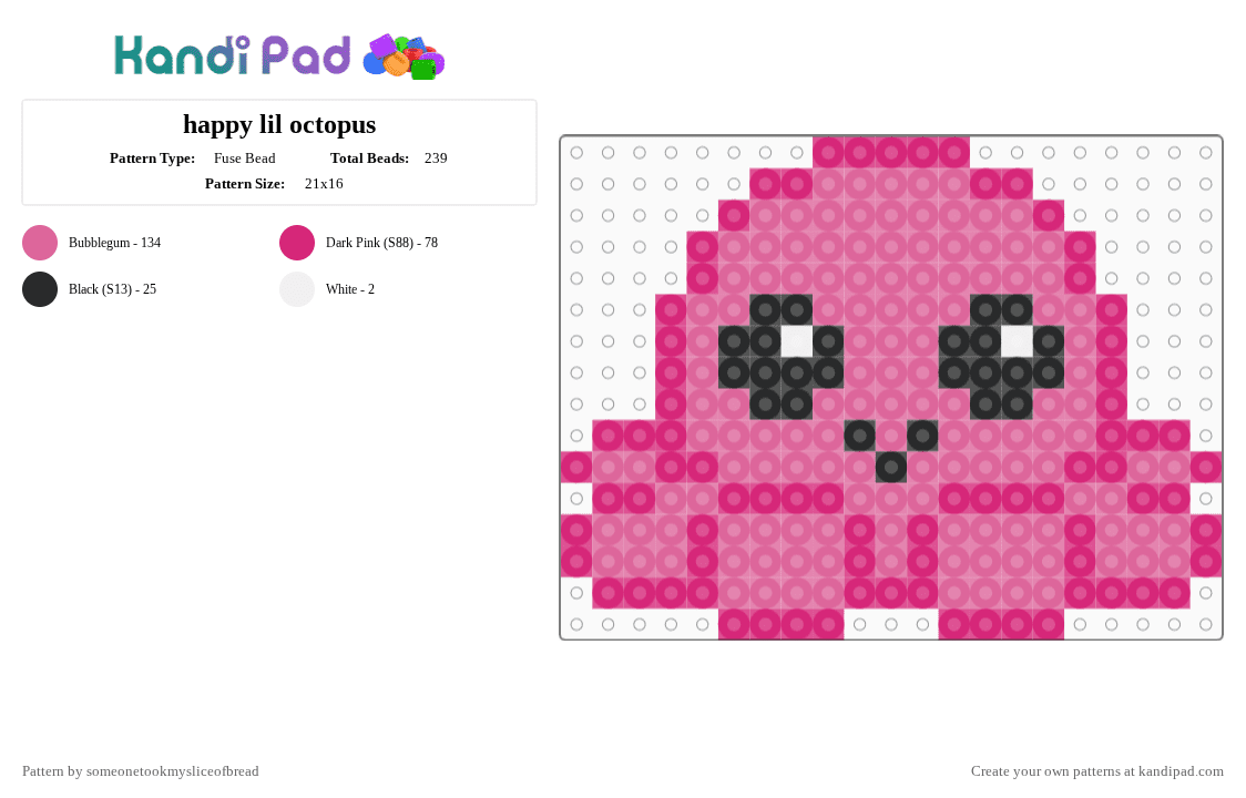 happy lil octopus - Fuse Bead Pattern by someonetookmysliceofbread on Kandi Pad - pink,cute,animals,perler