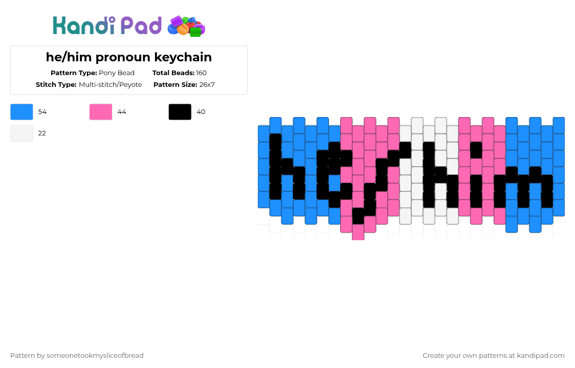 he/him pronoun keychain (READ DESC) - Pony Bead Pattern by someonetookmysliceofbread on Kandi Pad - light blue,pink,trans,transgender,pride,he him,pronouns