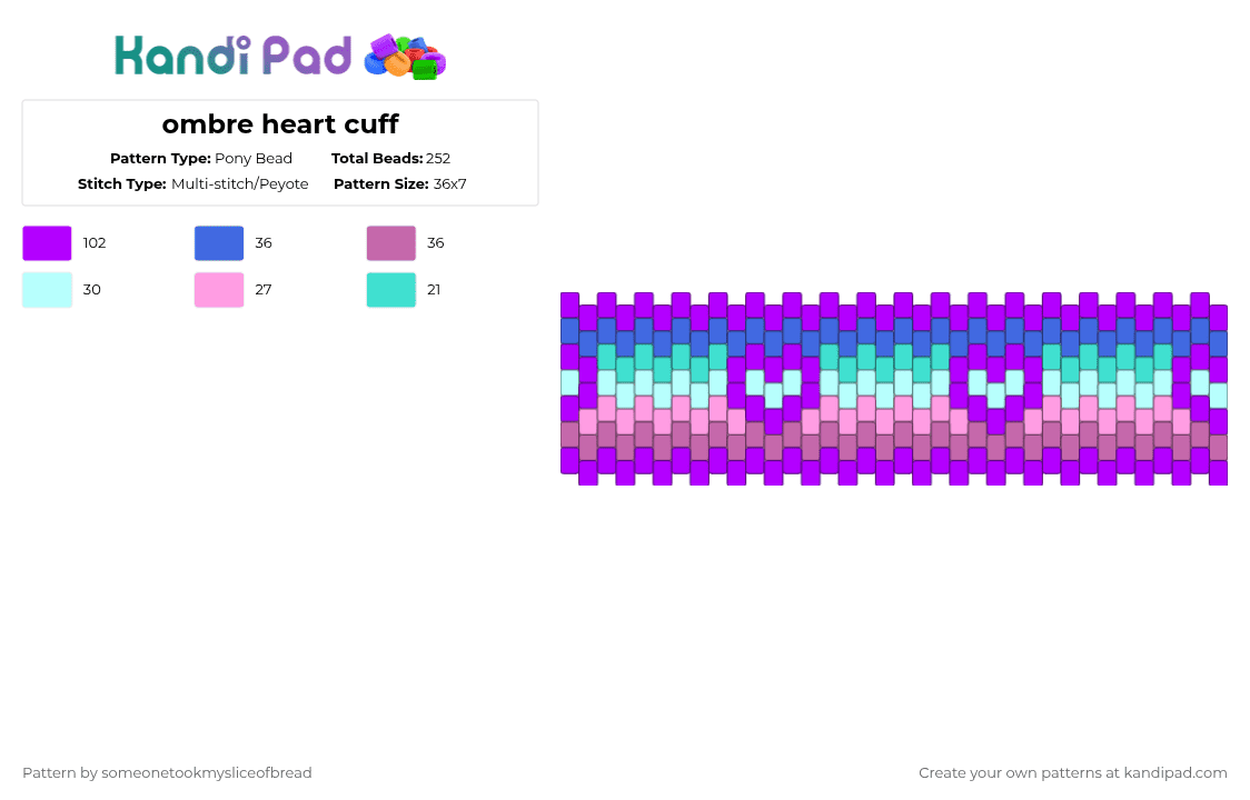 ombre heart cuff - Pony Bead Pattern by someonetookmysliceofbread on Kandi Pad - purple,pink,ombre,cuff,heart,cute