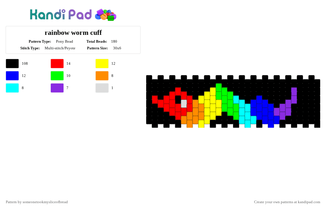 rainbow worm cuff - Pony Bead Pattern by someonetookmysliceofbread on Kandi Pad - black,red,yellow,purple,rainbow,pride,animals,cute