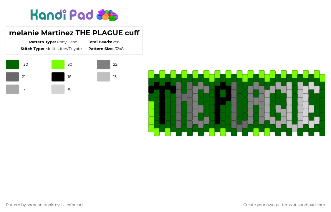 melanie Martinez THE PLAGUE cuff - Pony Bead Pattern by someonetookmysliceofbread on Kandi Pad - green,the plague,melanie,martinez,melanie martinez,hades,album,music
