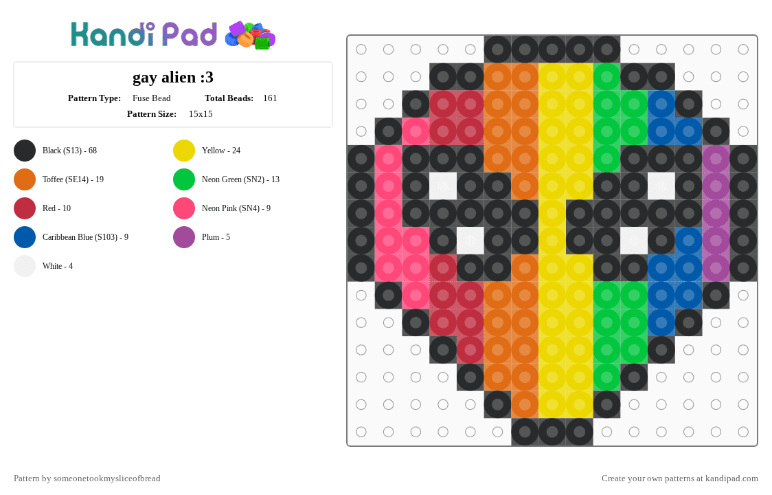 gay alien :3 - Fuse Bead Pattern by someonetookmysliceofbread on Kandi Pad - black,red,orange,yellow,pride,gay,alien