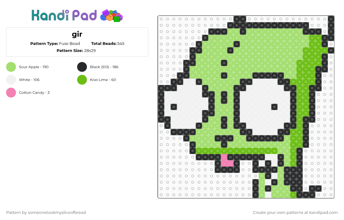gir - Fuse Bead Pattern by someonetookmysliceofbread on Kandi Pad - green,gir,invaderzim,cartoon