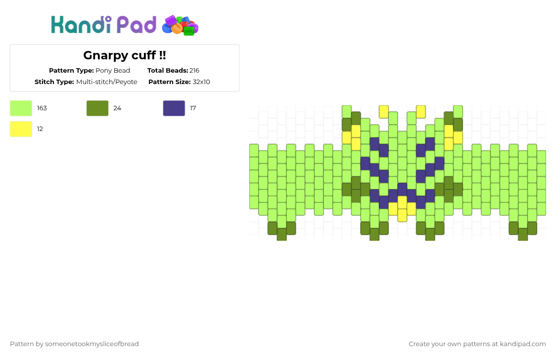 Gnarpy cuff !! - Pony Bead Pattern by someonetookmysliceofbread on Kandi Pad - yellow,gnarpy,cuff,multistitch,kandi,green