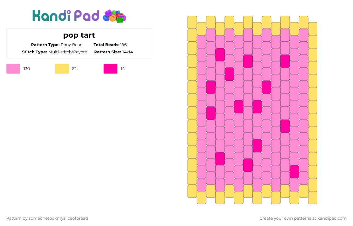pop tart - Pony Bead Pattern by someonetookmysliceofbread on Kandi Pad - yellow,pink,food,breakfast,poptart,charm