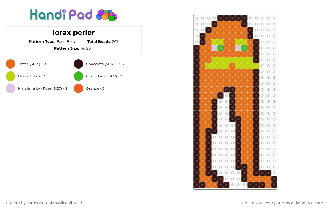 lorax perler - Fuse Bead Pattern by someonetookmysliceofbread on Kandi Pad - orange,brown,lorax,thelorax,cartoon,movies