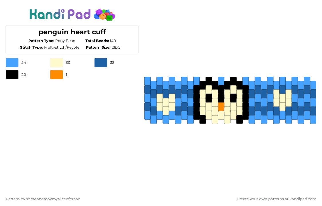penguin heart cuff - Pony Bead Pattern by someonetookmysliceofbread on Kandi Pad - light blue,blue,yellow,animals,penguin,multistitch,heart