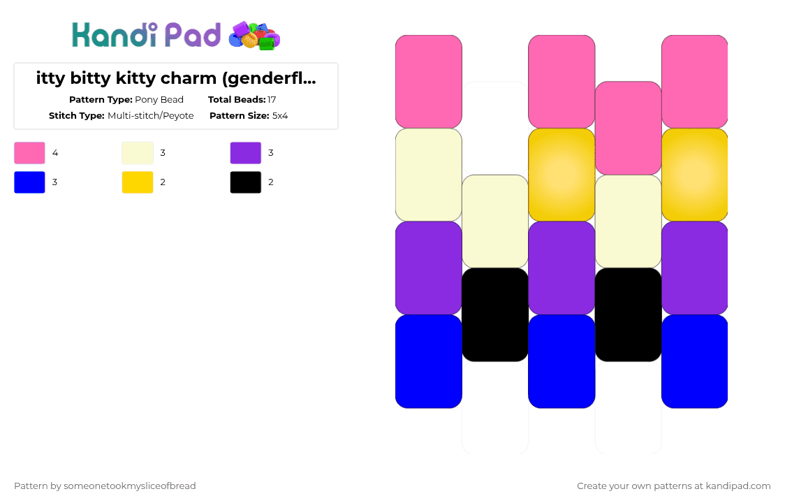 itty bitty kitty charm (genderfluid colors..?) - Pony Bead Pattern by someonetookmysliceofbread on Kandi Pad - cute, pink, pride, purple, spooky