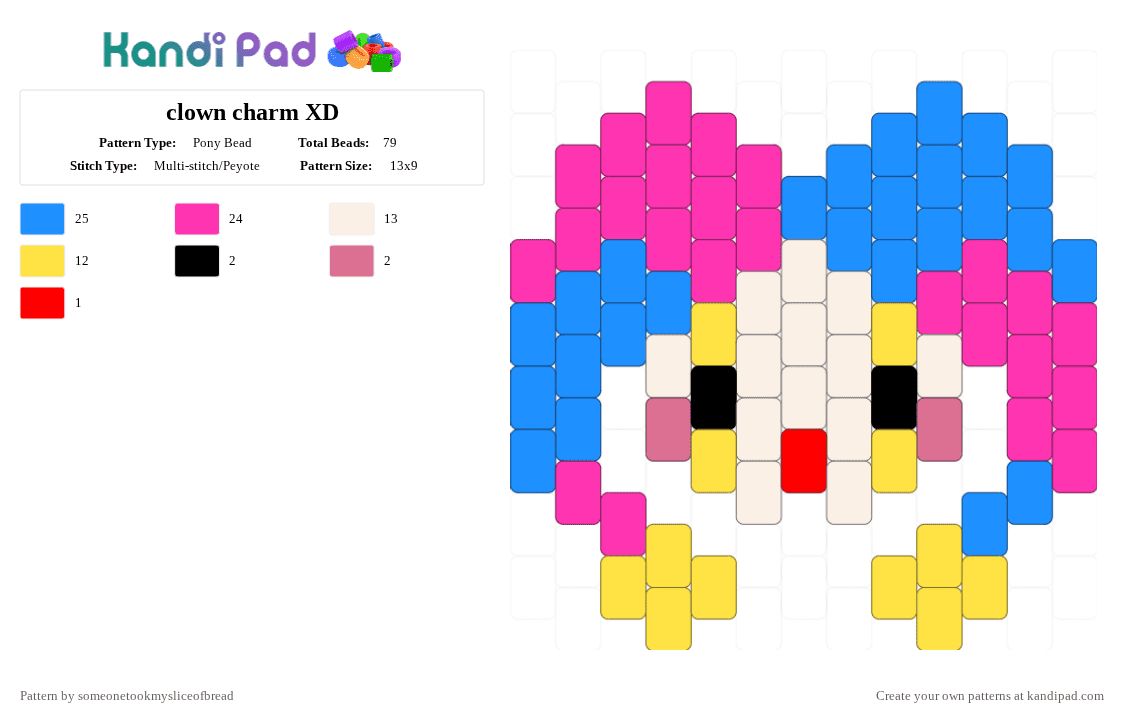 clown charm XD - Pony Bead Pattern by someonetookmysliceofbread on Kandi Pad - pink,light blue,clown,blue,spooky,charm,cute