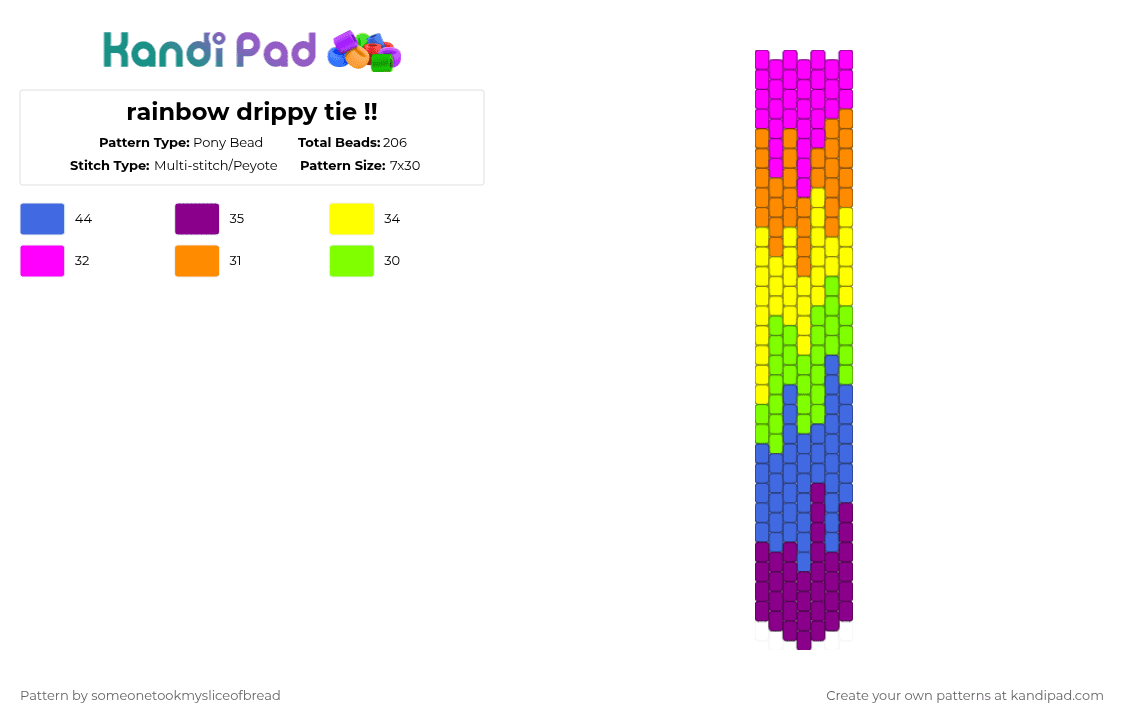 rainbow drippy tie !! - Pony Bead Pattern by someonetookmysliceofbread on Kandi Pad - pink,blue,rainbow,tie,kandi