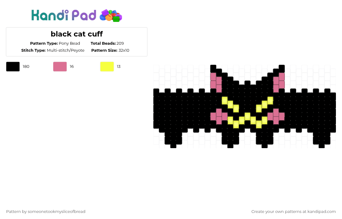 black cat cuff - Pony Bead Pattern by someonetookmysliceofbread on Kandi Pad - black,pink,yellow,animals,cat,blackcat,cute