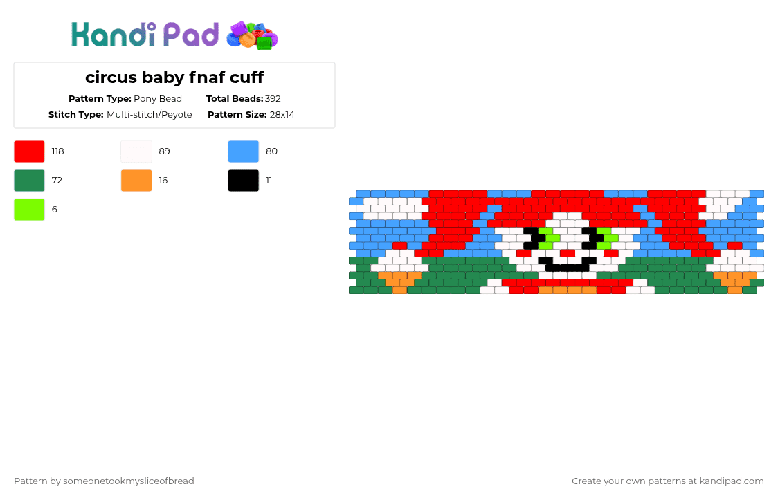 circus baby fnaf cuff - Pony Bead Pattern by someonetookmysliceofbread on Kandi Pad - light blue,green,red,sisterlocation,fnaf,circusbaby,icecream