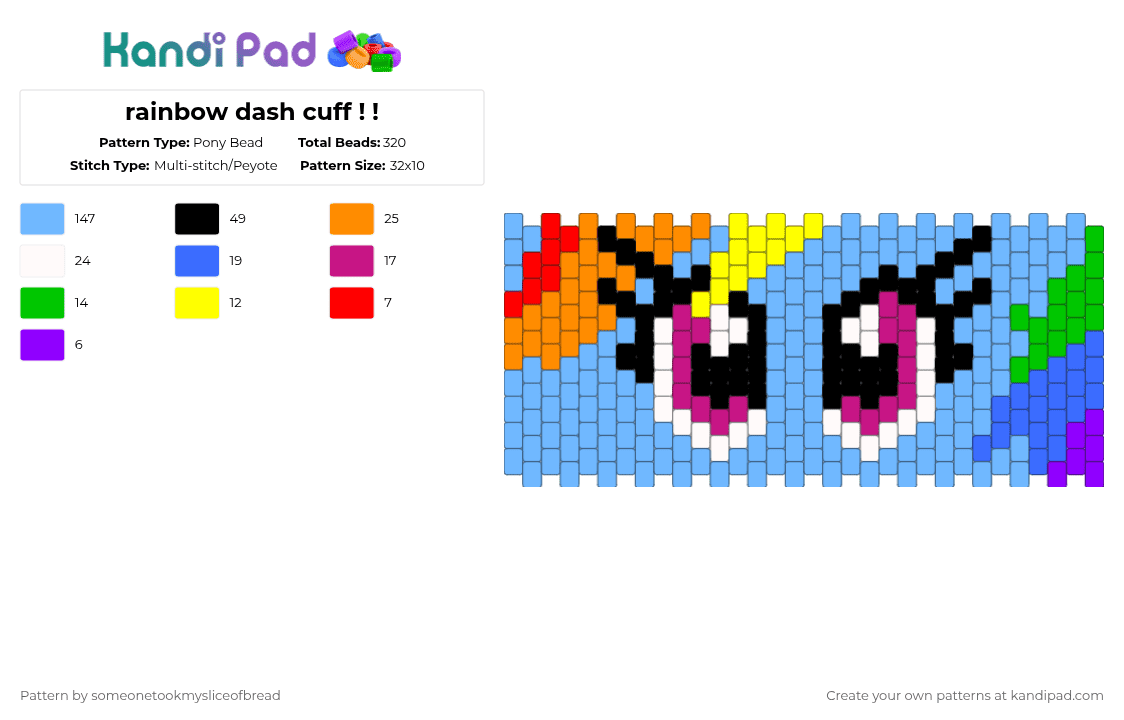 rainbow dash cuff ! ! - Pony Bead Pattern by someonetookmysliceofbread on Kandi Pad - light blue,rainbowdash,mlp,mylittlepony,rainbow,colorful