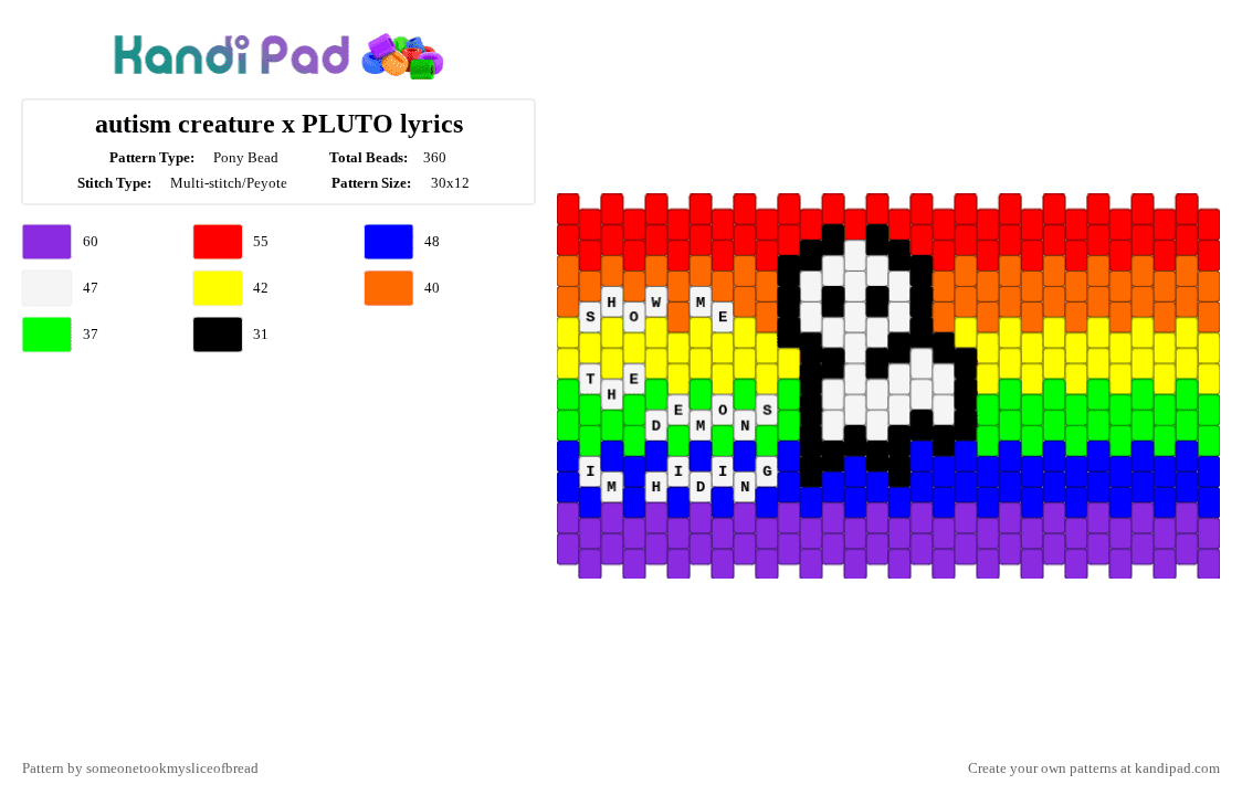 autism creature x PLUTO lyrics - Pony Bead Pattern by someonetookmysliceofbread on Kandi Pad - red,purple,pride,weird,music,song,autism creature,random