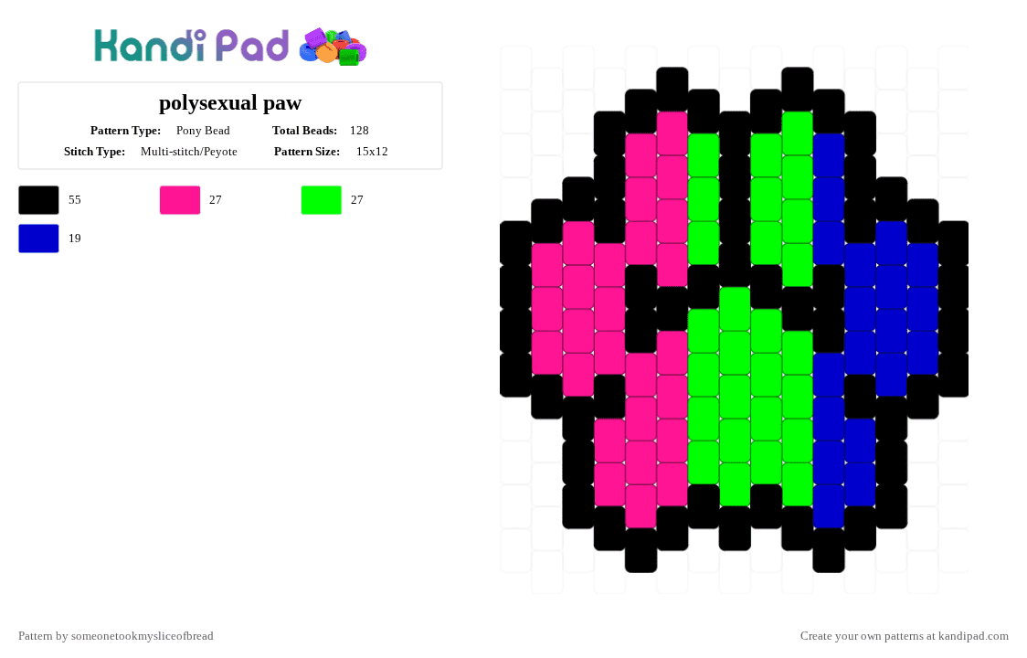 polysexual paw - Pony Bead Pattern by someonetookmysliceofbread on Kandi Pad - pink,green,paw,charm,pride,flag