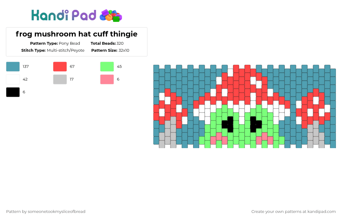 frog mushroom hat cuff thingie - Pony Bead Pattern by someonetookmysliceofbread on Kandi Pad - teal,red,frog,animals,mushrooms