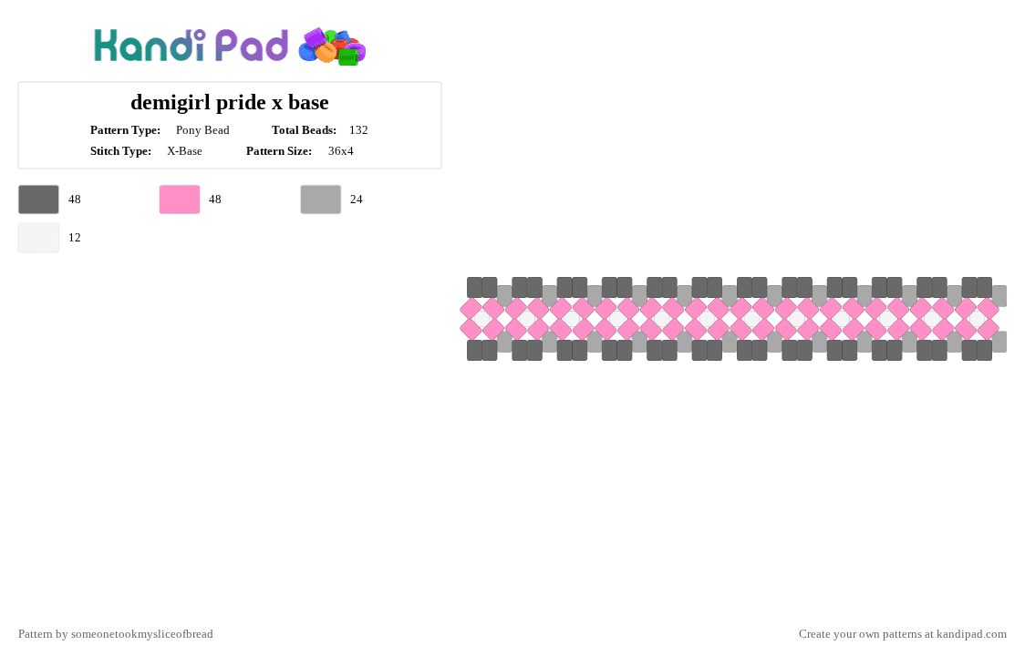 demigirl pride x base - Pony Bead Pattern by someonetookmysliceofbread on Kandi Pad - gray,pink,pride,demigender,demigirl,white