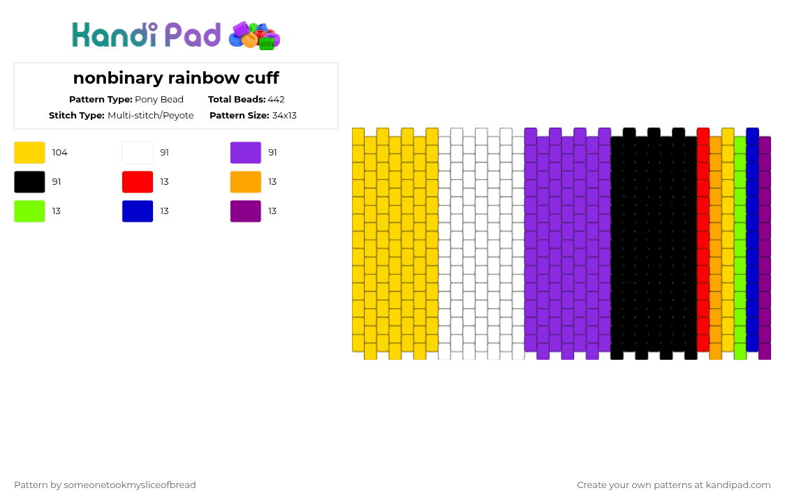 nonbinary rainbow cuff - Pony Bead Pattern by someonetookmysliceofbread on Kandi Pad - yellow,purple,pride,nonbinary,rainbow