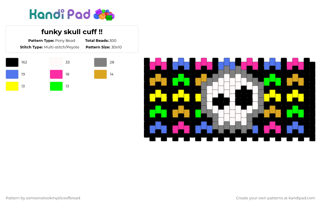 funky skull cuff !! - Pony Bead Pattern by someonetookmysliceofbread on Kandi Pad - black,pink,blue,gray,skull,spooky,rainbow