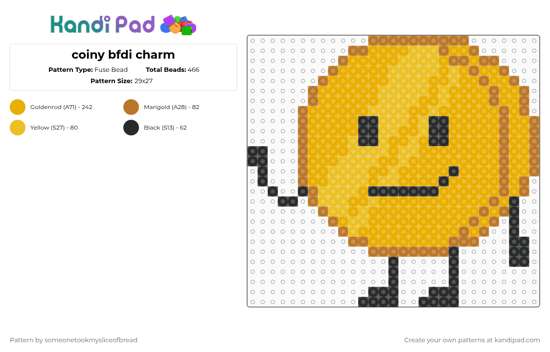 coiny bfdi charm - Fuse Bead Pattern by someonetookmysliceofbread on Kandi Pad - orange,bfdi,battlefordreamisland,coiny,characters,shows