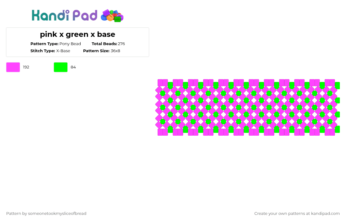 pink x green x base - Pony Bead Pattern by someonetookmysliceofbread on Kandi Pad - pink,green,xbase,cuff