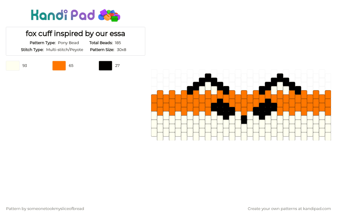 fox cuff inspired by our essa - Pony Bead Pattern by someonetookmysliceofbread on Kandi Pad - white,orange,fox,essa,animals