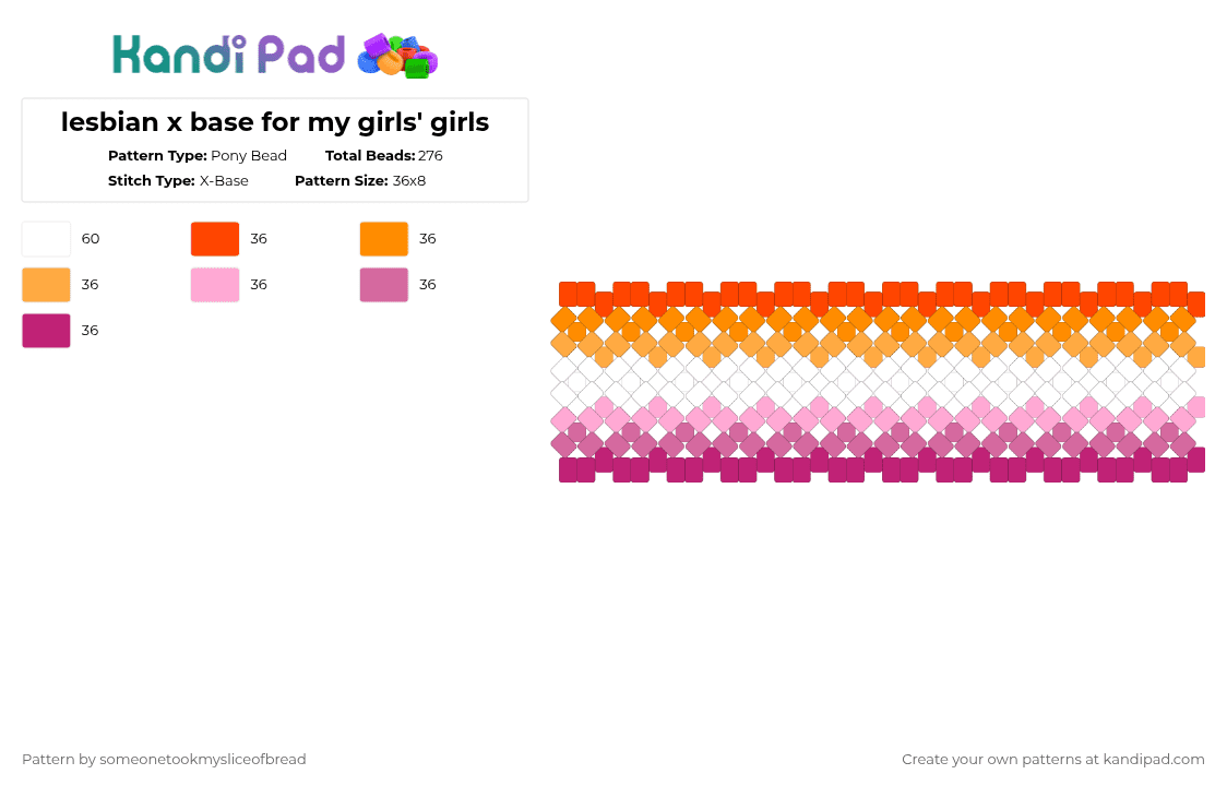 lesbian x base for my girls\' girls - Pony Bead Pattern by someonetookmysliceofbread on Kandi Pad - orange,pink,women,pride,lesbian,xbase,white