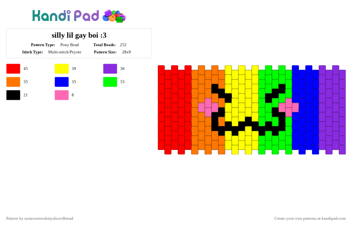 silly lil gay boi :3 - Pony Bead Pattern by someonetookmysliceofbread on Kandi Pad - red,yellow,purple,pride,rainbow,face,cuff,cute