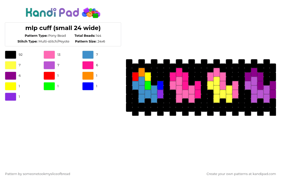 mlp cuff (small 24 wide) - Pony Bead Pattern by someonetookmysliceofbread on Kandi Pad - black,yellow,light blue,pink,mlp,my little pony