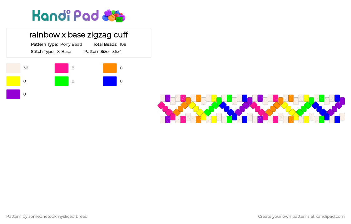 rainbow x base zigzag cuff - Pony Bead Pattern by someonetookmysliceofbread on Kandi Pad - purple,rainbow,cuff,zigzag,geometric,shape