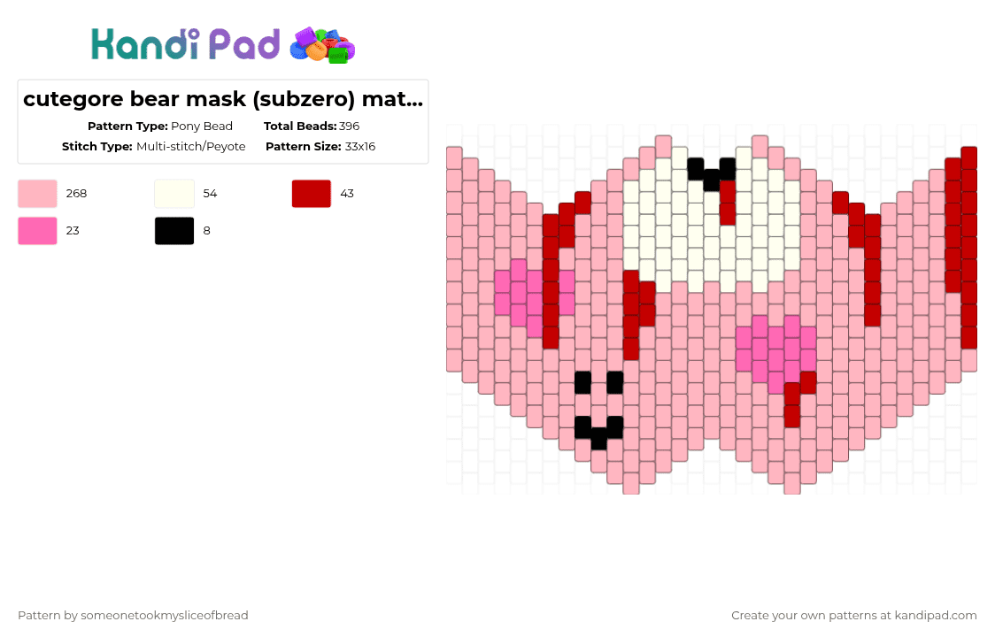 cutegore bear mask (subzero) matching w cutegore bear cuff - Pony Bead Pattern by someonetookmysliceofbread on Kandi Pad - pink,bear,cutecore,cutegore,animals