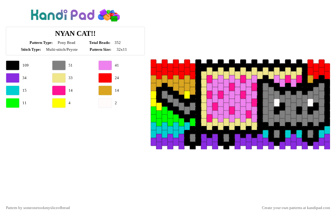 NYAN CAT!! - Pony Bead Pattern by someonetookmysliceofbread on Kandi Pad - gray,yellow,pink,purple,nyan,nyancat,rainbow