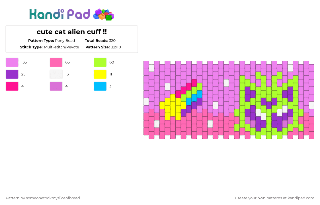 cute cat alien cuff !! - Pony Bead Pattern by someonetookmysliceofbread on Kandi Pad - pink,green,kandi,cat,alien,space,rainbow