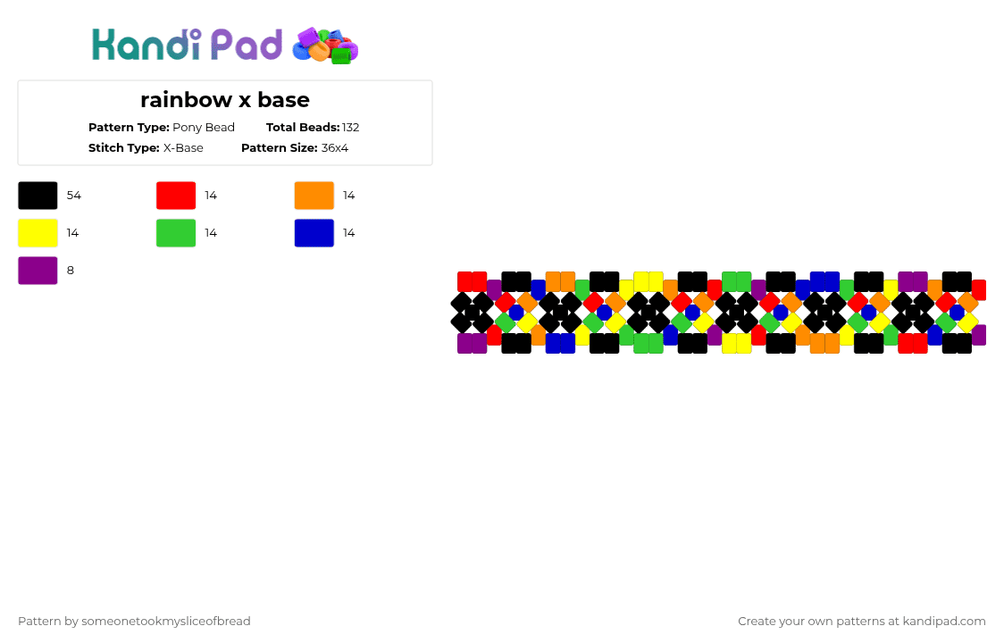 rainbow x base - Pony Bead Pattern by someonetookmysliceofbread on Kandi Pad - orange,green,colorful,rainbow,xbase,cute,kandi