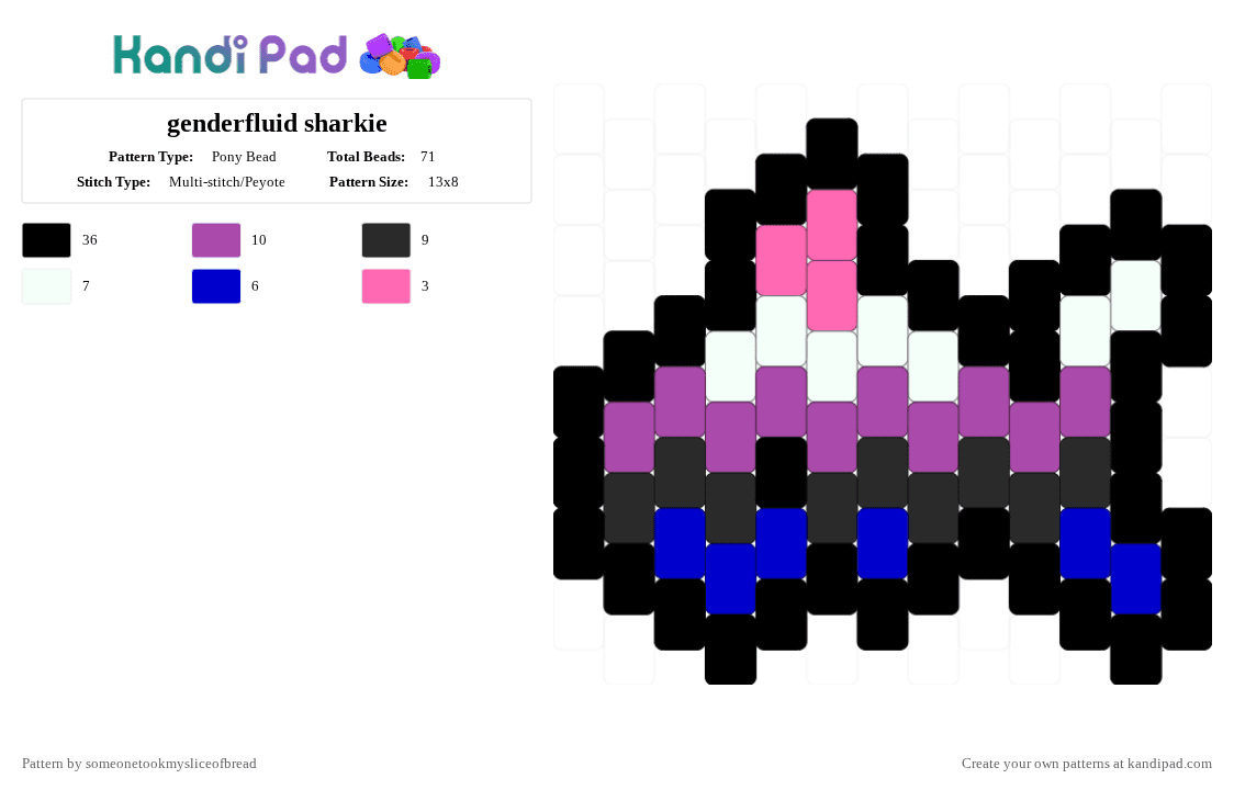 genderfluid sharkie - Pony Bead Pattern by someonetookmysliceofbread on Kandi Pad - black,purple,pink,pride,genderfluid,gender,flag,animal,cute