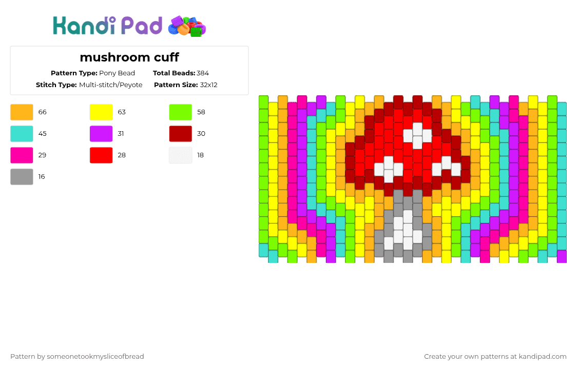 mushroom cuff - Pony Bead Pattern by someonetookmysliceofbread on Kandi Pad - light blue,orange,colorful,rainbow,mushroom