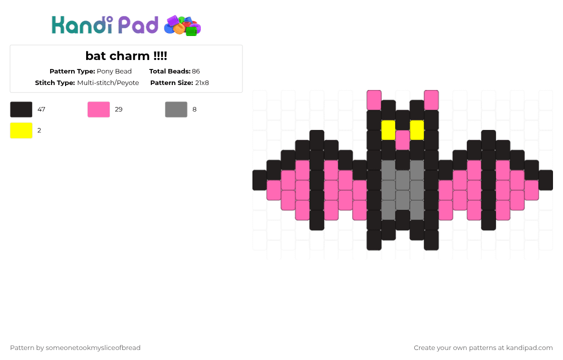 bat charm !!!! - Pony Bead Pattern by someonetookmysliceofbread on Kandi Pad - black,pink,bat,spooky,cute