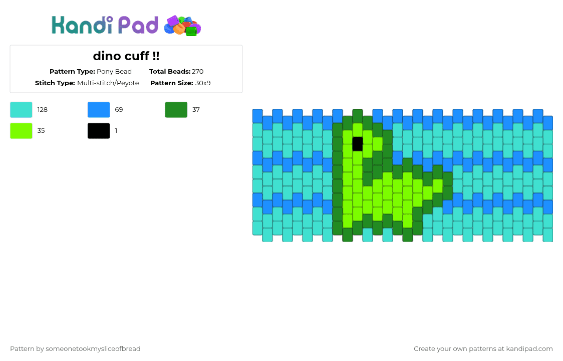 dino cuff !! - Pony Bead Pattern by someonetookmysliceofbread on Kandi Pad - light blue,green,dino,dinosaur,deenonaur,cuff,kandi