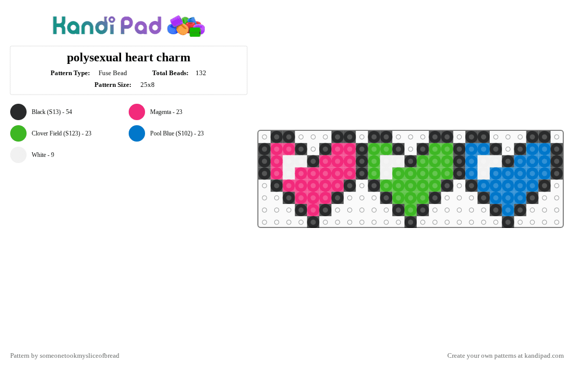 polysexual heart charm - Fuse Bead Pattern by someonetookmysliceofbread on Kandi Pad - pink,green,blue,pride,poly,polysexual,heart