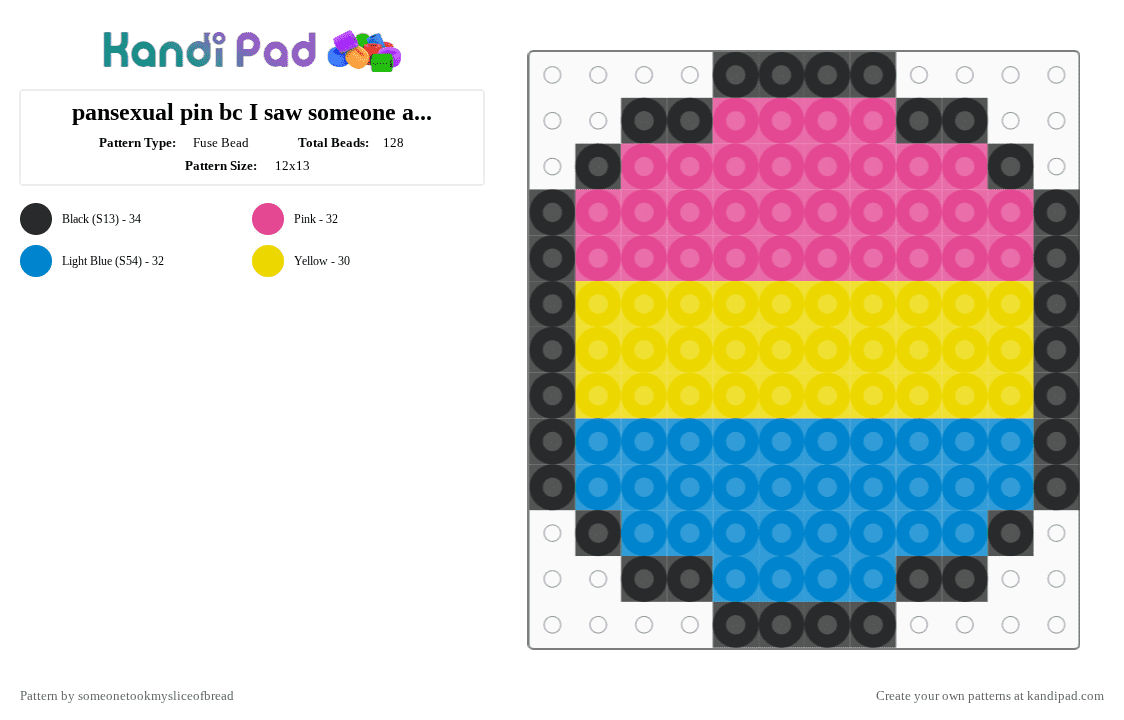 pansexual pin bc I saw someone at school wearing one - Fuse Bead Pattern by someonetookmysliceofbread on Kandi Pad - blue, pan, pansexual, pin, pink, pride, yellow