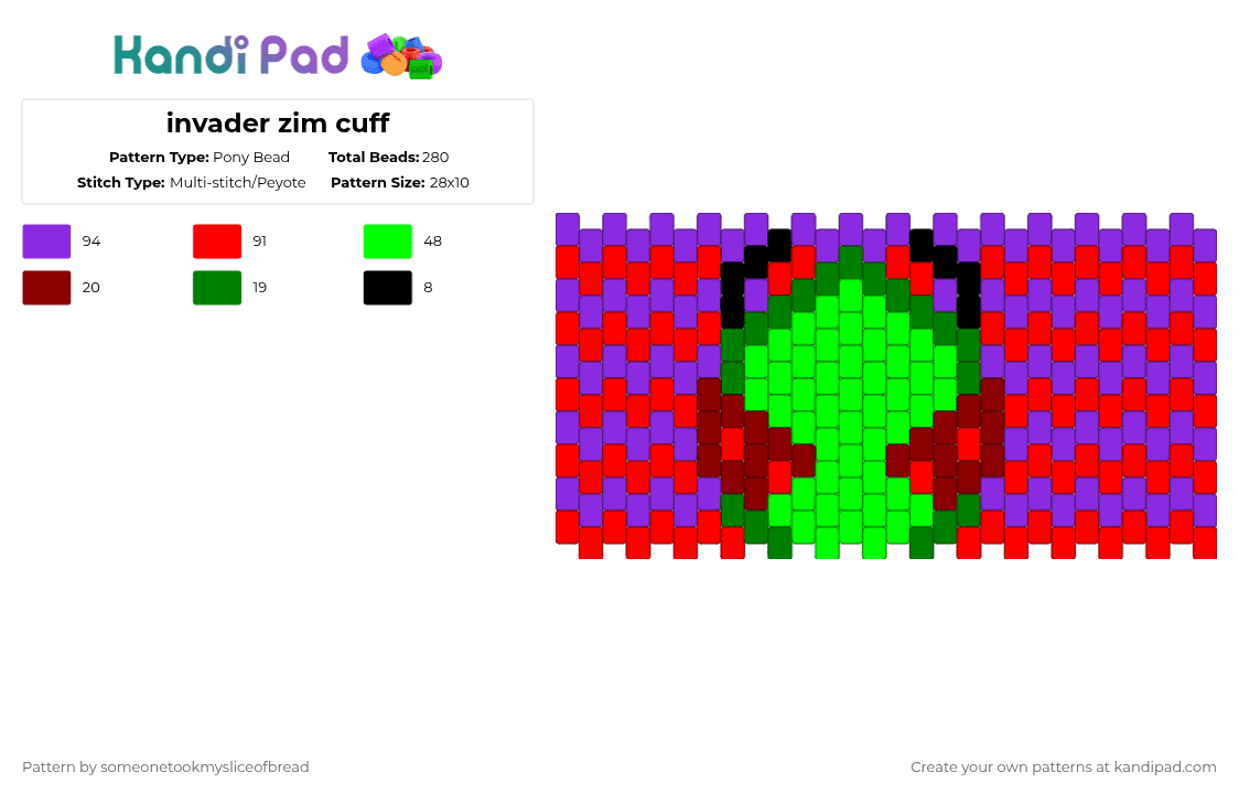 invader zim cuff - Pony Bead Pattern by someonetookmysliceofbread on Kandi Pad - purple,red,invader zim,zim,gir,show,cartoon
