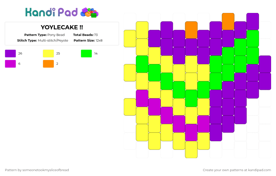 YOYLECAKE !! - Pony Bead Pattern by someonetookmysliceofbread on Kandi Pad - yellow,purple,green,yoylecake,cake,food,dessert,bfdi,battlefordreamisland