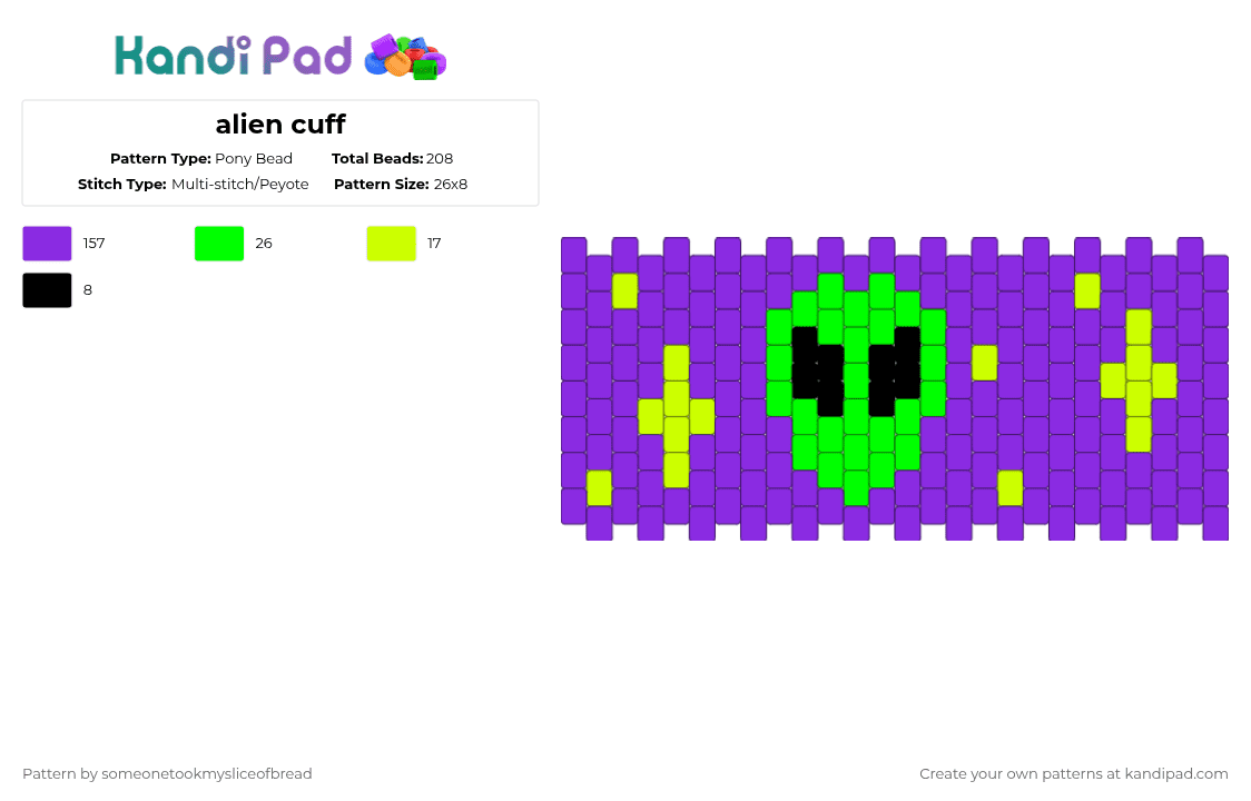 alien cuff - Pony Bead Pattern by someonetookmysliceofbread on Kandi Pad - purple,space,alien,outer space,green,yellow
