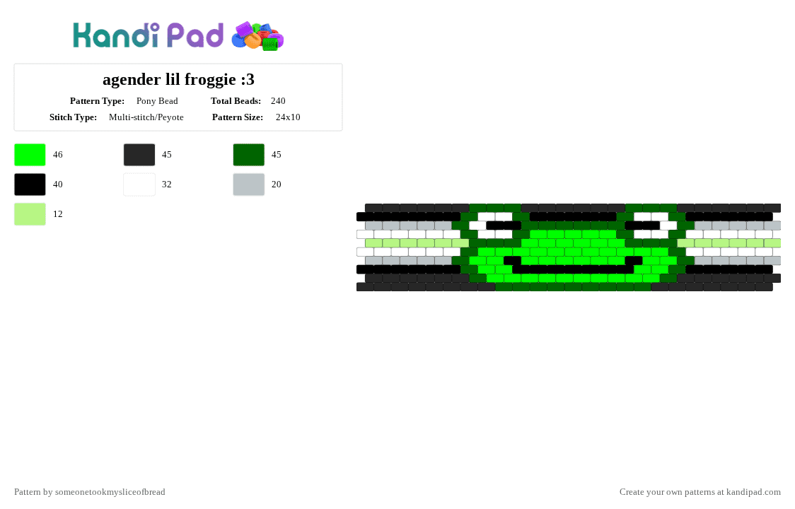 agender lil froggie :3 - Pony Bead Pattern by someonetookmysliceofbread on Kandi Pad - green,pride,agender,frog,amphibian,cute,cuff,flag