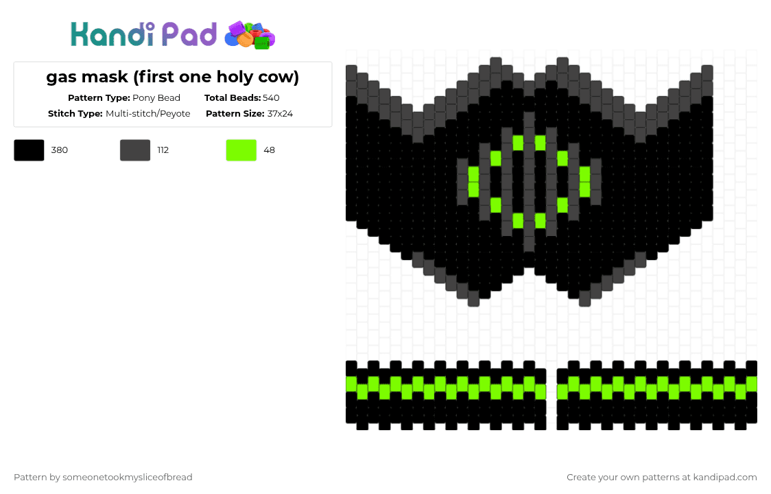 gas mask (first one holy cow) - Pony Bead Pattern by someonetookmysliceofbread on Kandi Pad - black,gas mask,mask,kandi mask,gray,green
