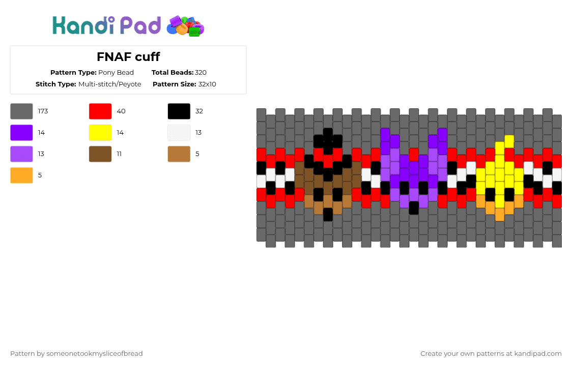 FNAF cuff - Pony Bead Pattern by someonetookmysliceofbread on Kandi Pad - gray,fnaf,fandom,show,horror,spooky