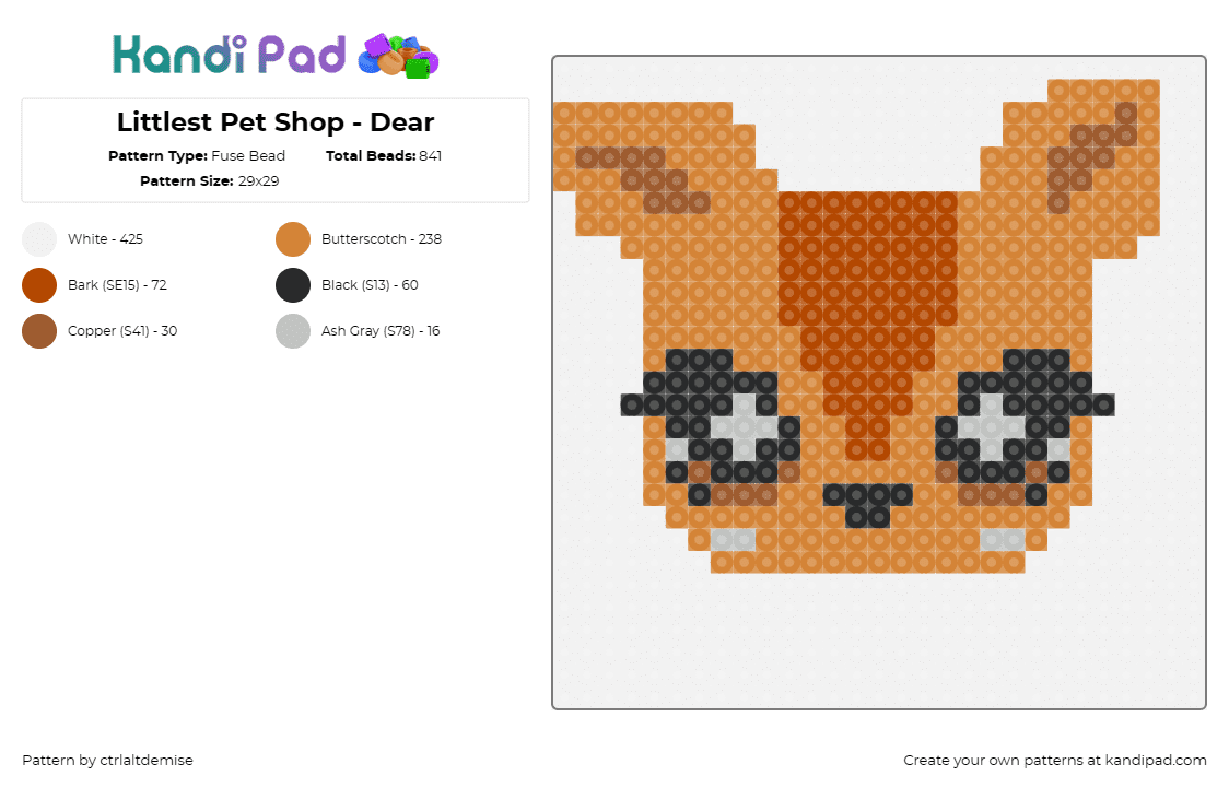 Littlest Pet Shop - Dear - Fuse Bead Pattern by ctrlaltdemise on Kandi Pad - deer,littlest pet shop,cute,animal,sparkling eyes,whimsical,engaging,soft,brown