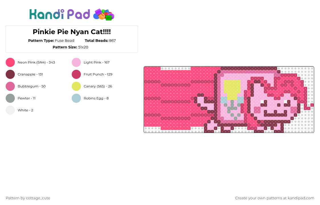 Pinkie Pie Nyan Cat!!!! - Fuse Bead Pattern by cottage_cute on Kandi Pad - pink,red