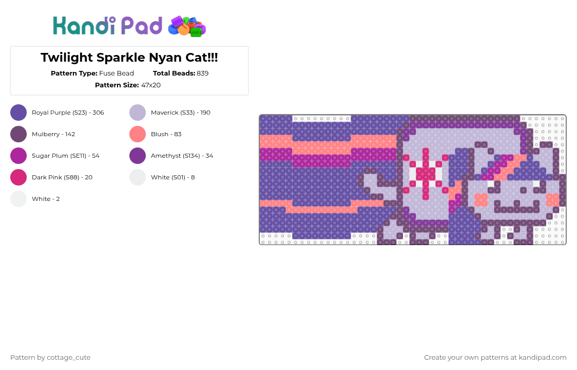 Twilight Sparkle Nyan Cat!!! - Fuse Bead Pattern by cottage_cute on Kandi Pad - pink,purple